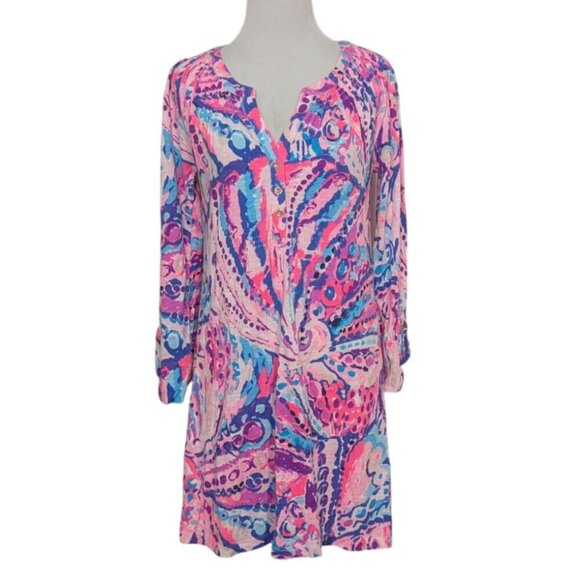 Lilly Pulitzer Essie Dress Womens Size XS Pink Colony Coral Shell Out 3/4 Sleeve - Picture 2 of 14